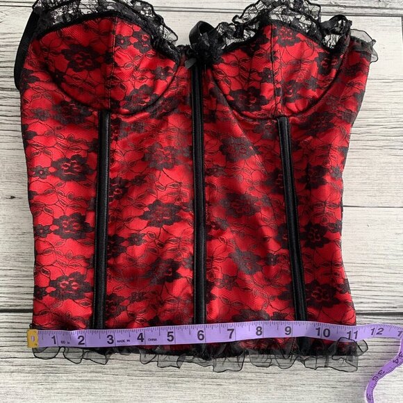 Coquette Corset Top Red Satin Black Lace Bustier Lingerie - Picture 7 of 8
